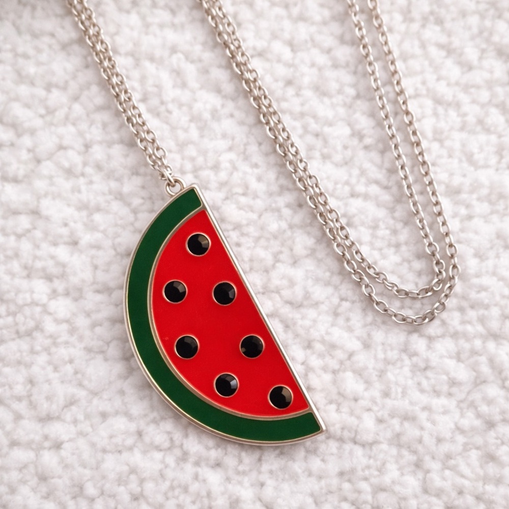 Watermelon Slice Pendant Necklace Silver Tone Chain Cute Summer Jewelry